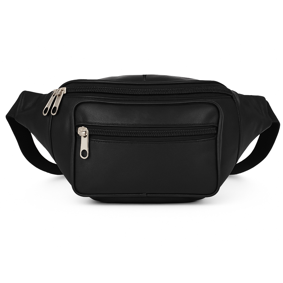 Image of Black Genuine Cowhide Leather Belt Bag, Waist Bag, Hip Bag, Crossbody Bag With Zippered Compartments, Adjustable Strap, Wallet For Travel, Leisure, Vacation
