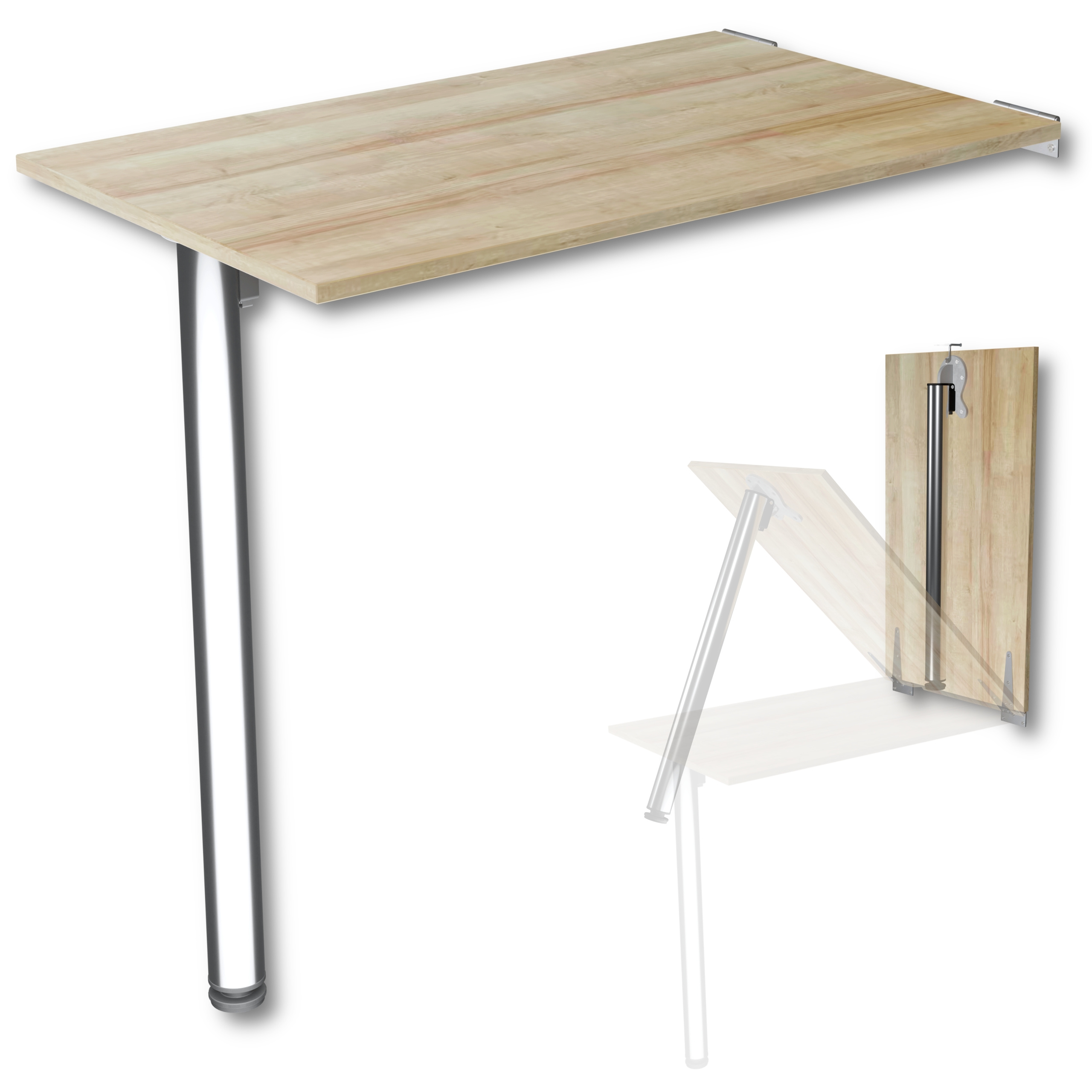 Image of Kdr Wall-mounted Folding Table 80x50 Cm Oak - Folding Table With Chrome Leg For Wall Mounting - As Dining Table, Desk Or Kitchen Table - Height 74 Cm