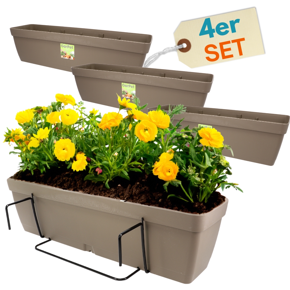 4-piece Set Flower Boxes For Balcony Railings With Brackets And Water Reservoir, 50 Cm