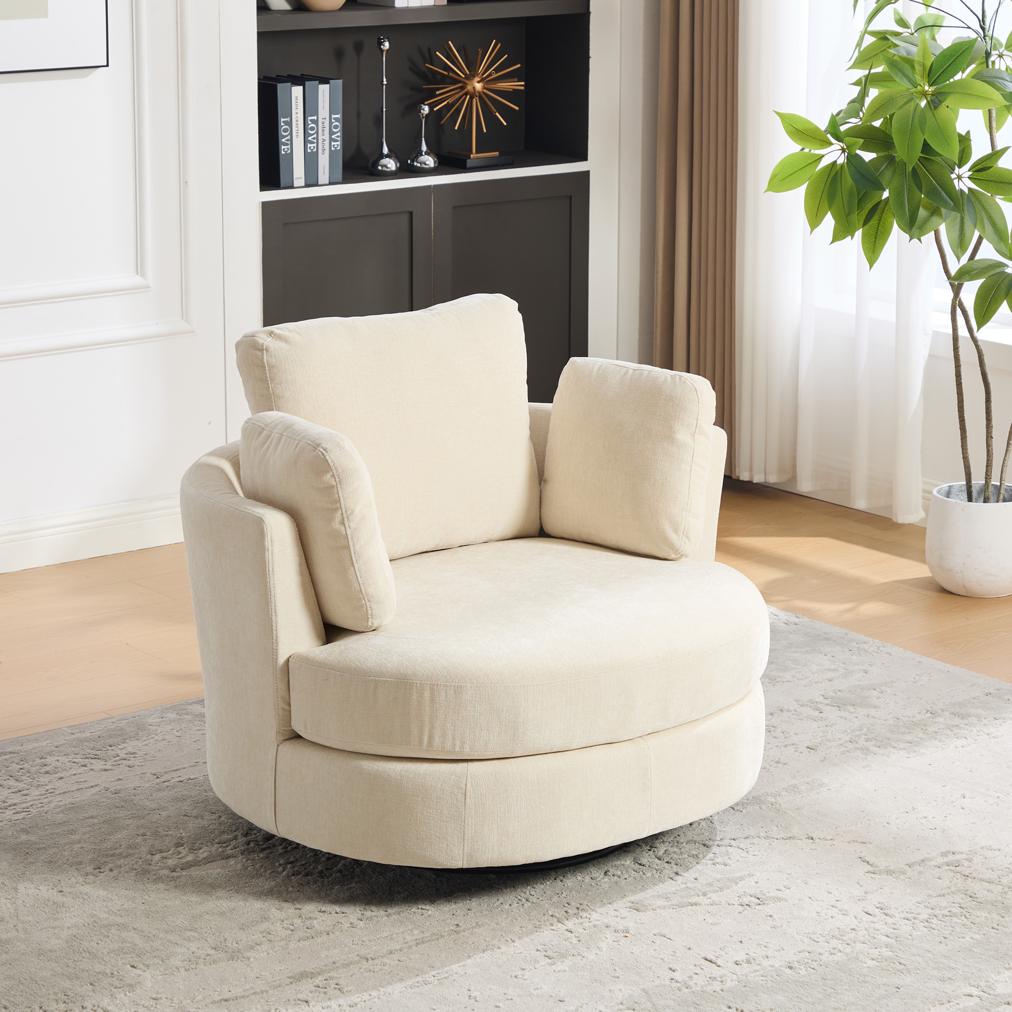 Modern Xxl Armchair In Beige Chenille, 3 Individually Usable Cushions, Elastic Seat Cushioning – Comfortable Reading Armchair For Living Room, Bedroom, And Study.