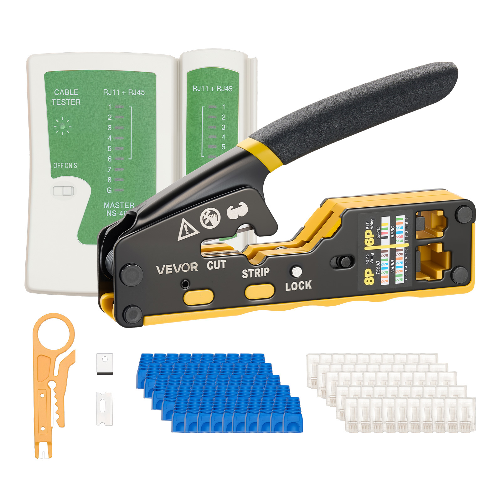 Image of Vevor Crimping Tool, Rj45/rj11/rj12 Ethernet Crimper, Crimp Tool Kit For 4/6/8-pin Modular Plugs, With Mini Wire Stripper, 50 Connectors And 50 Boots, Replacement , And Network Cable Tester