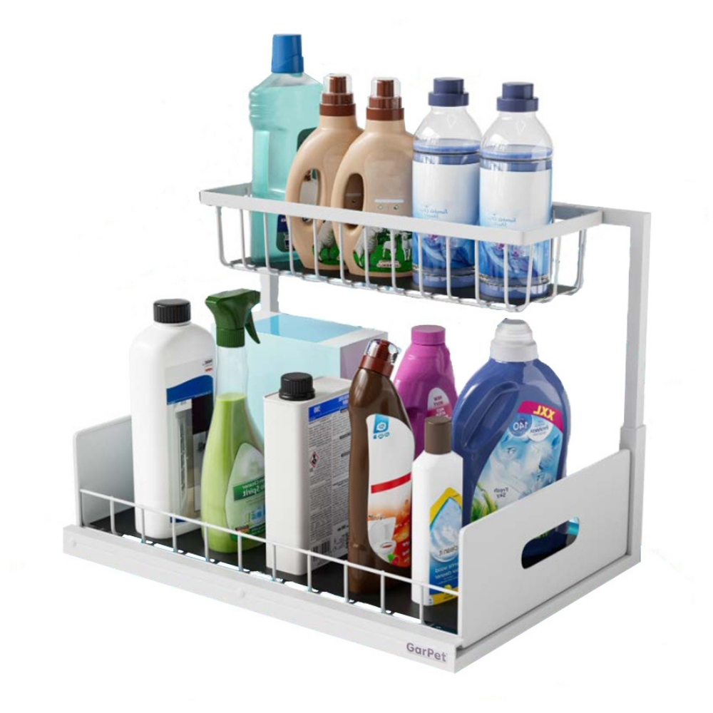 Image of Narrow Pull-out Under-sink Kitchen Cabinet Organizer, Metal 2-tier Shelf, Kitchen Organizer, Spice Rack Organizer For Bathroom, White
