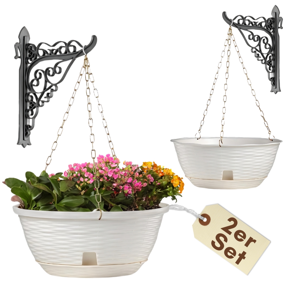 Image of 2-piece Set Hanging Flower Planter, Outdoor Hanging Pot For Plants, Hanging Planters With Chain And Wall Mount, Rattan, White