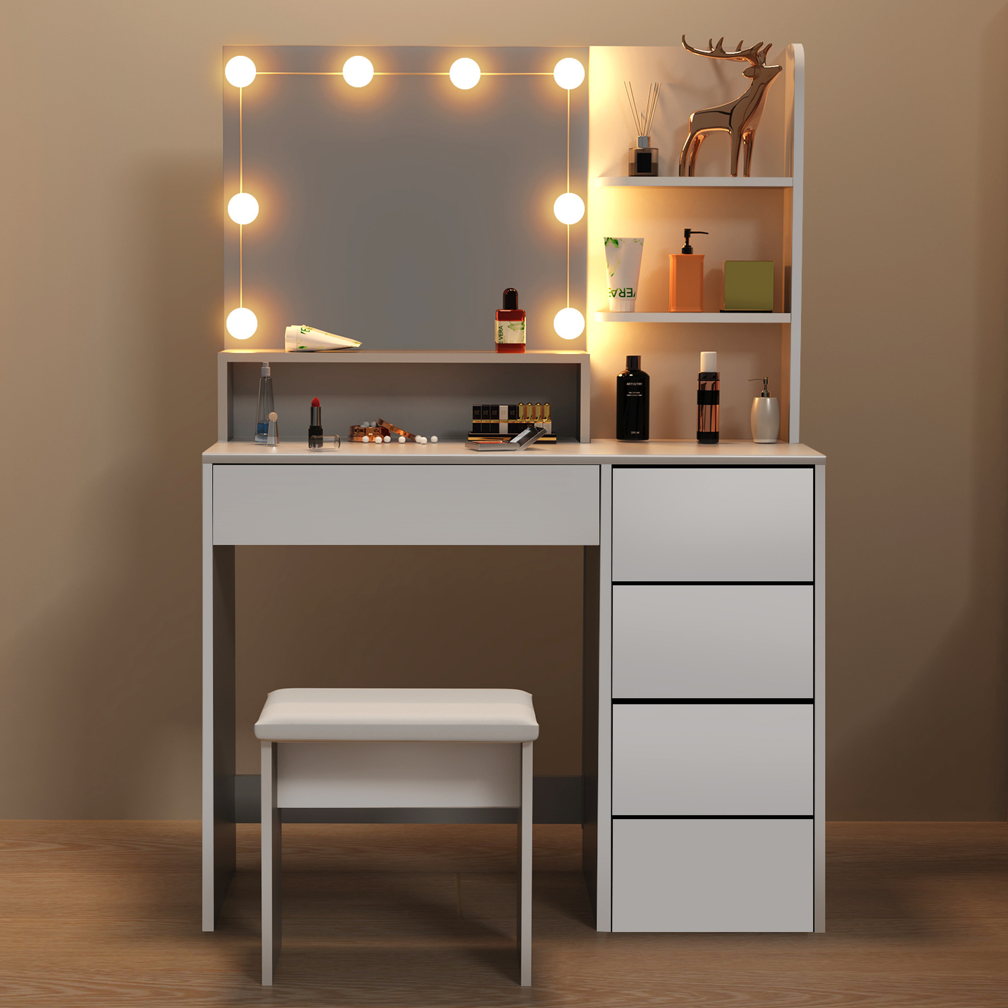 White Makeup Vanity With Mirror And Stool, Dressing Table With Led Lighting, 10 Led Lights, Cosmetic Table With 5 Drawers And Open Shelves, Modern Makeup Vanity Set 94x40x140cm
