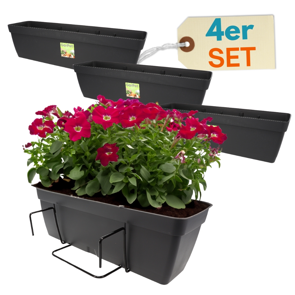 4-piece Set Balcony Railing Flower Box With Holder, 60 Cm, Water Storage Included