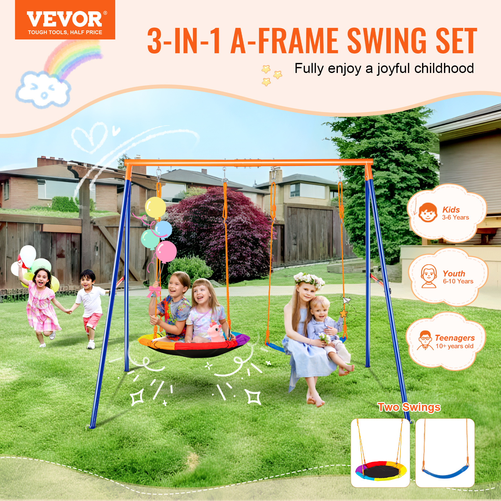 Image of Vevor 600lb Garden Swing Set With 1 Plate Swing Seat, 2 Swing Seats With Straps, Heavy Duty Metal Swing Stand