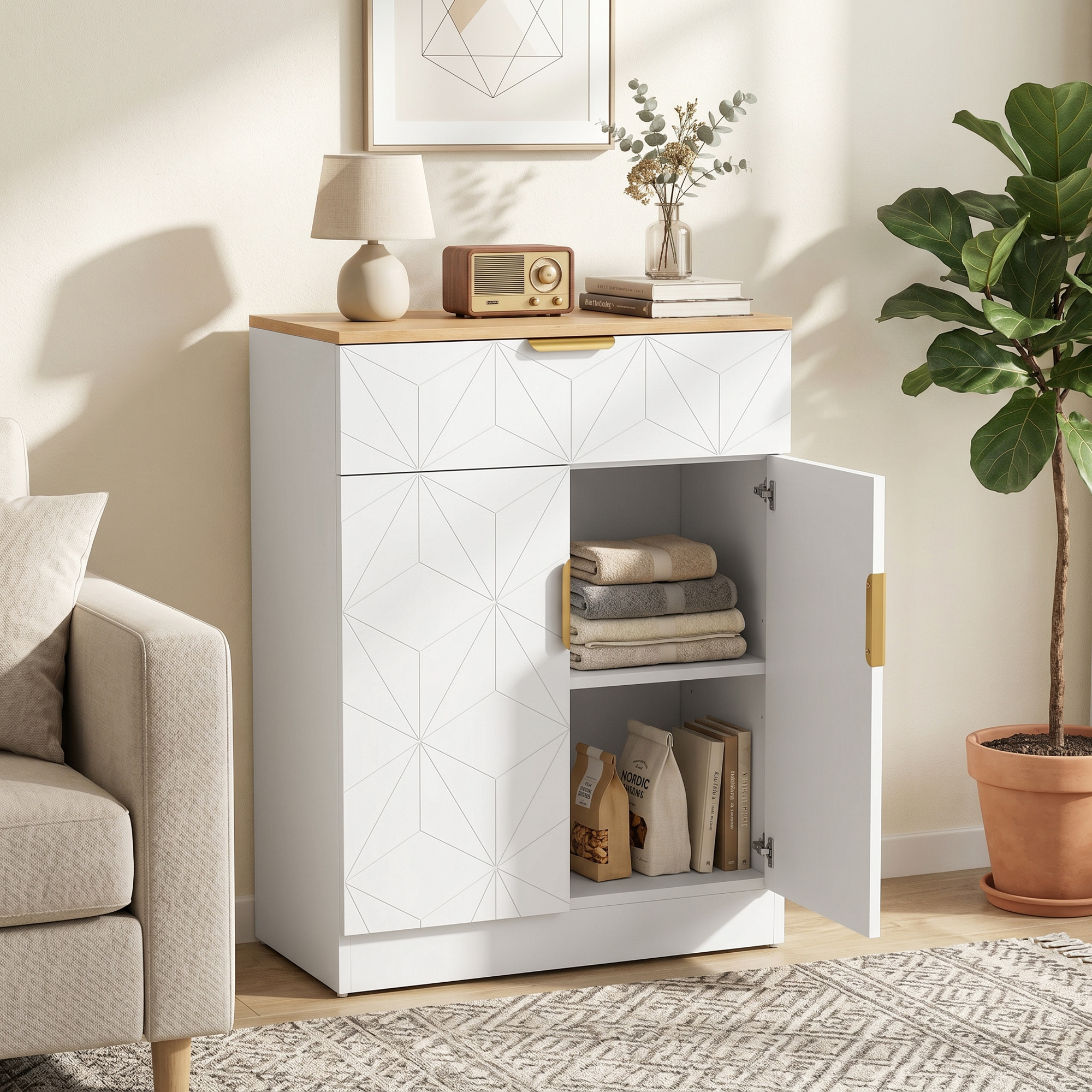 Image of Sideboard, Side Cabinet With Drawer And Adjustable Shelf, Cabinet For Living Room, Kitchen, Dining Room, Hallway, White