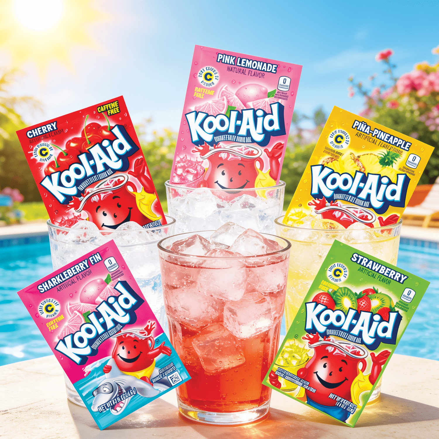 Image of 5er Pack - Kool Aid Summer Pack - Unsweetened Drink Mix - 1x Strawberry Kiwi 4,8g + 1x Cherry 3,6g + 1x Pineapple 3,9g + 1x Sharkleberry Fin 4,6g + 1x Pink Lemonade 6,5g