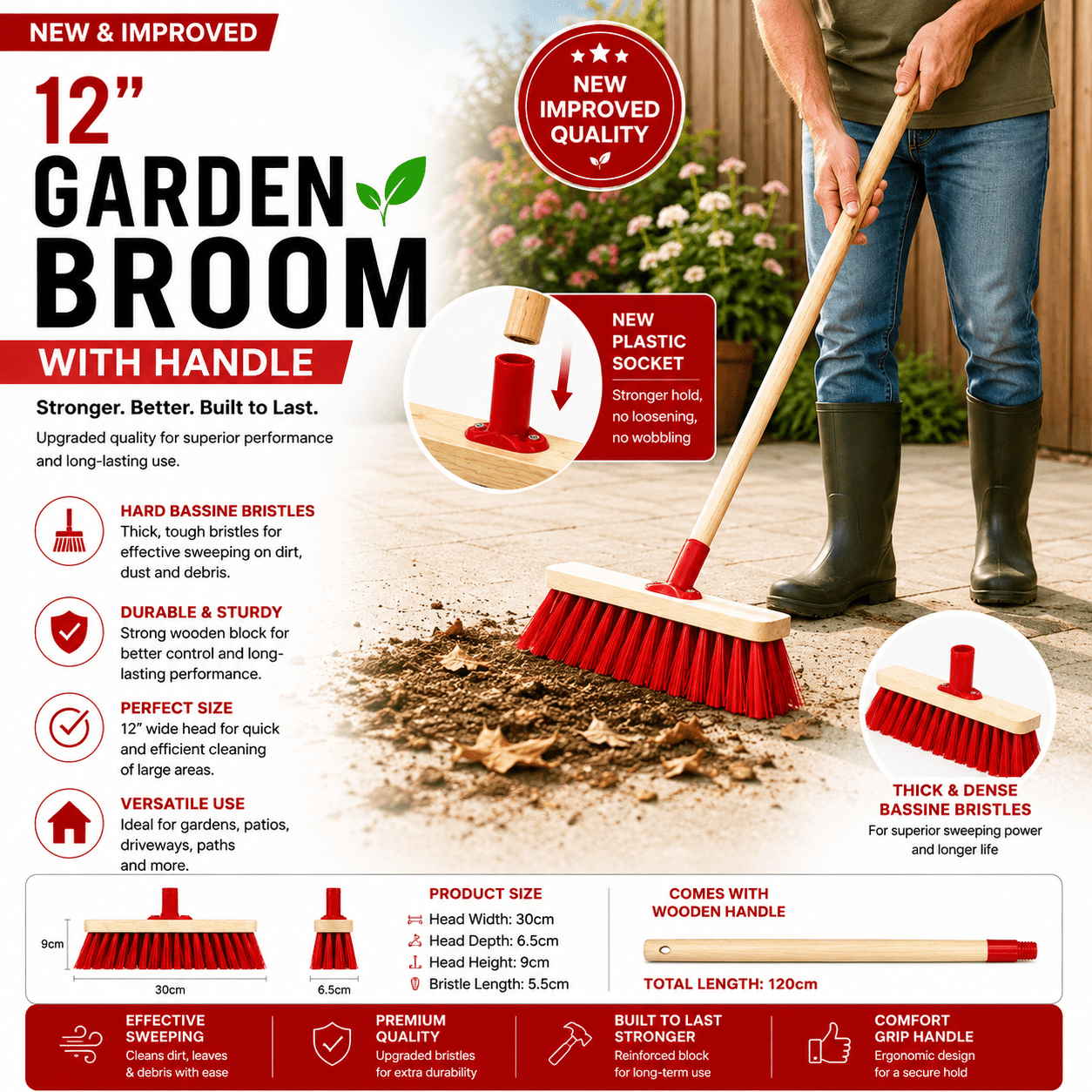 TEMU Street Broom Wood 30cm With 1pc Wooden - Plastic And Wooden Bristle, Durable And Effective For Outdoor Sweeping Cleaning Comfortable