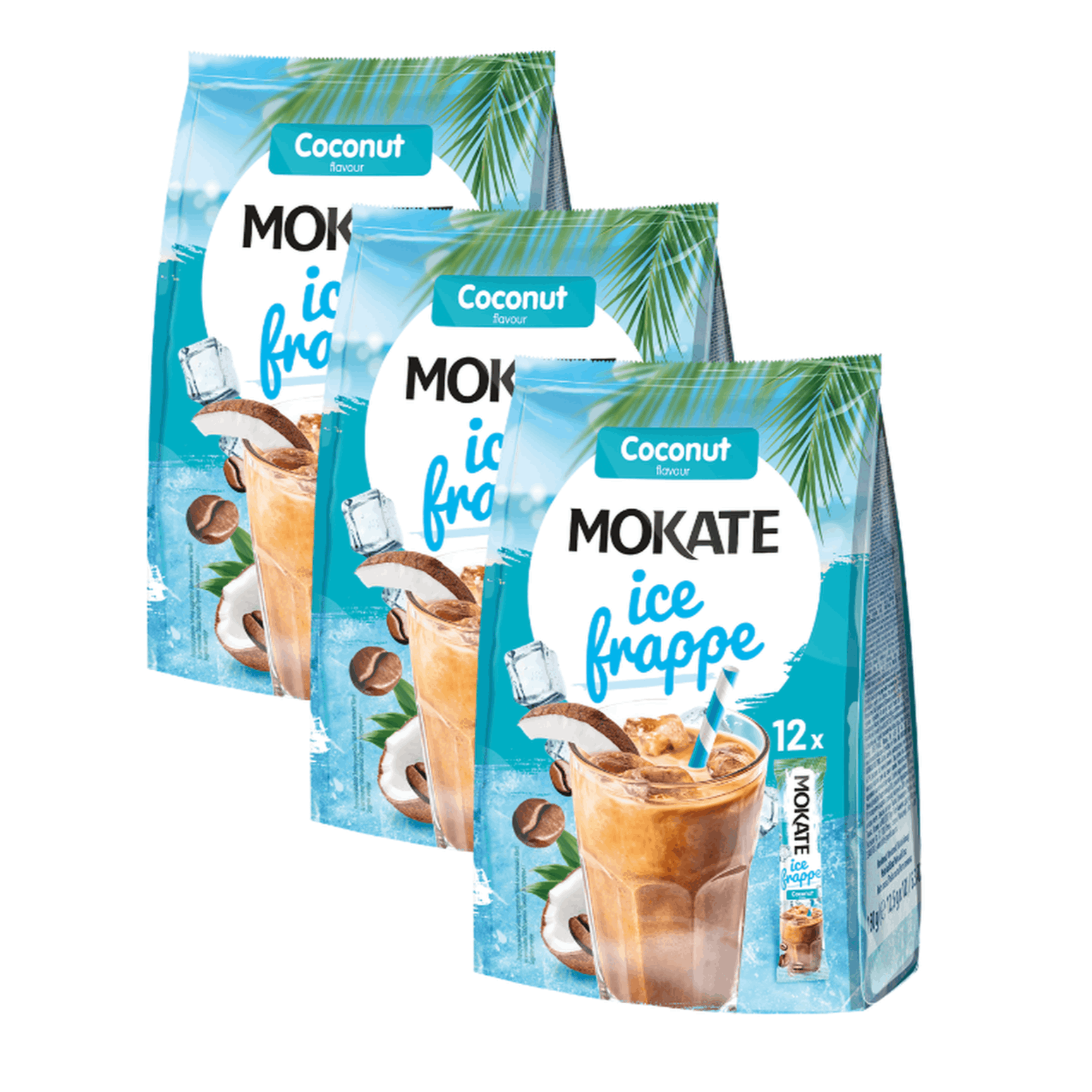 Image of Ice Frappe Coconut 3 X 150 G - Instant Coffee Powder For Iced Coffee Coconut - 3pcs Set With 12 Portion Sticks Each 12.5 G - Creamy Ice Coffee With Coconut Flavor