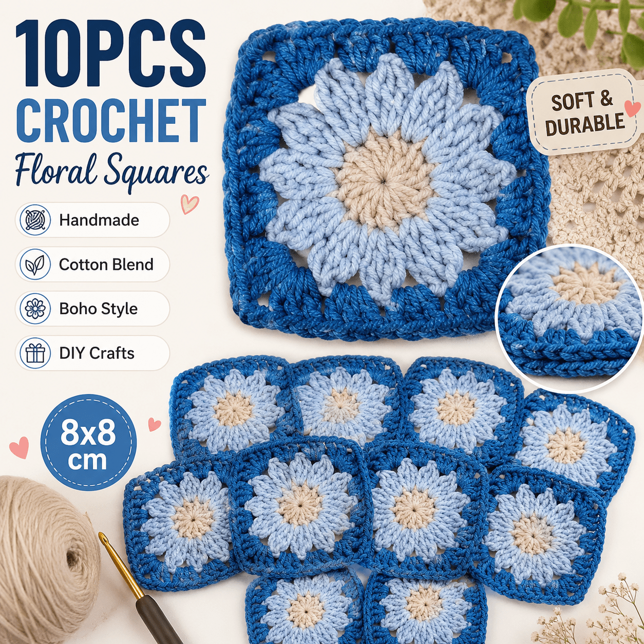 Image of 10pcs Handmade Crochet Flower Granny Squares 8cm – Blue Floral Crochet For Bags, Sweaters, Blankets, Coasters & Diy Crafts
