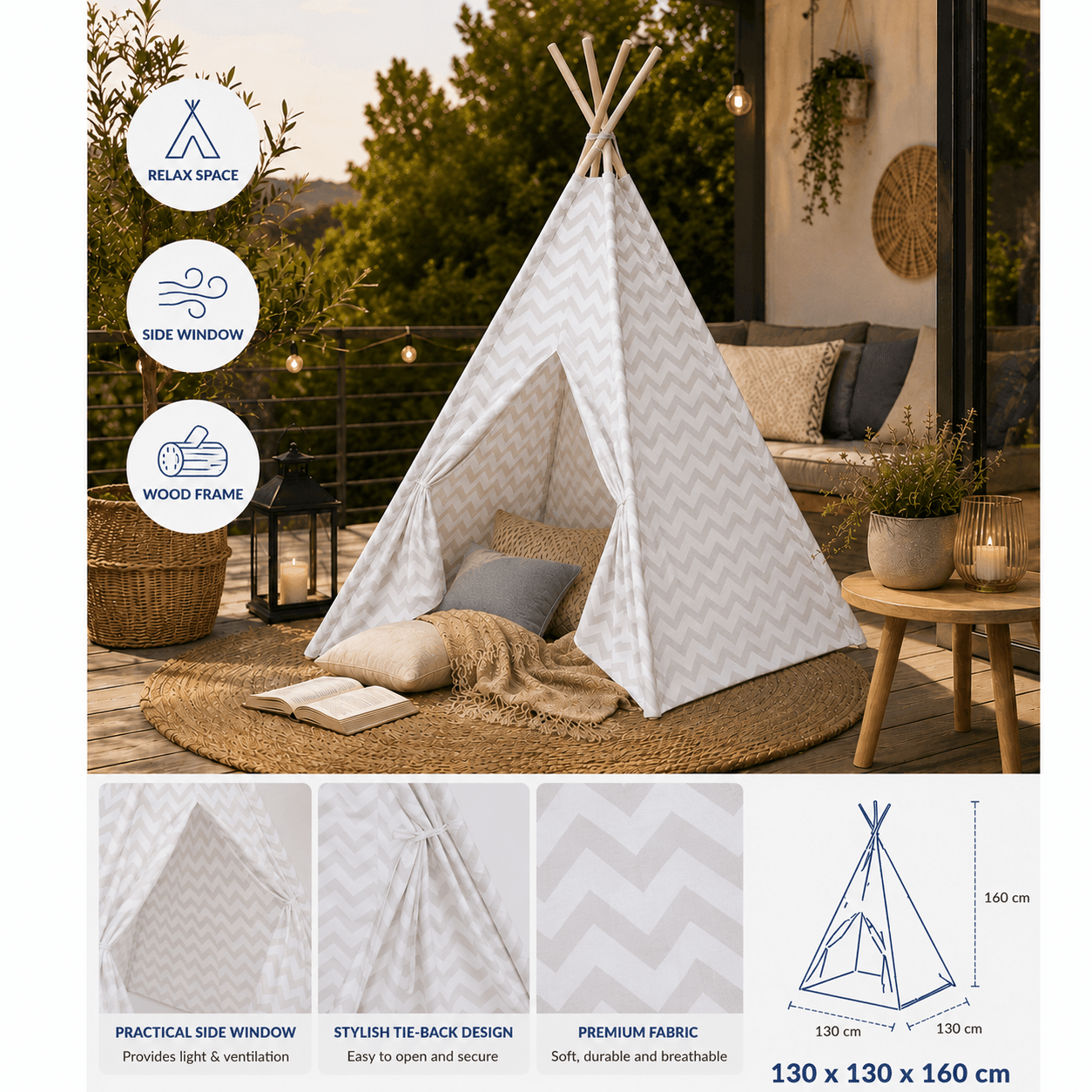 Decorative Indoor Fabric And Wood Tent, Cozy Space, Relaxation Corner Or , Grey