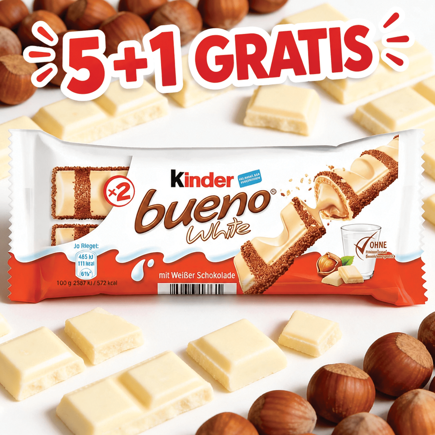 Image of 5+1 Free - 6-pack Of Kinder Bueno White - Wafers With A Filling Of Fine Milk-hazelnut Cream And Coated With White Chocolate - 6 Packages With 2 Individual Wafers Each, 6x39g