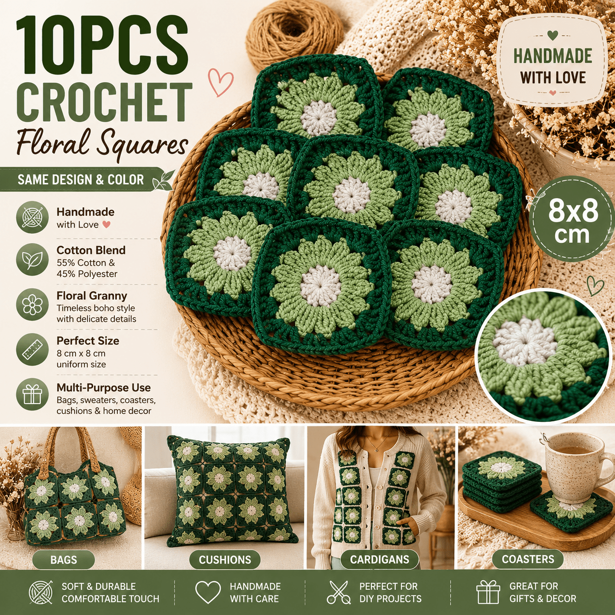Image of 10pcs Green Crochet Flower Granny Squares 8cm | Handmade Boho Floral For Bags, Cardigans, Blankets, Coasters, Home Decor & Diy Crafts