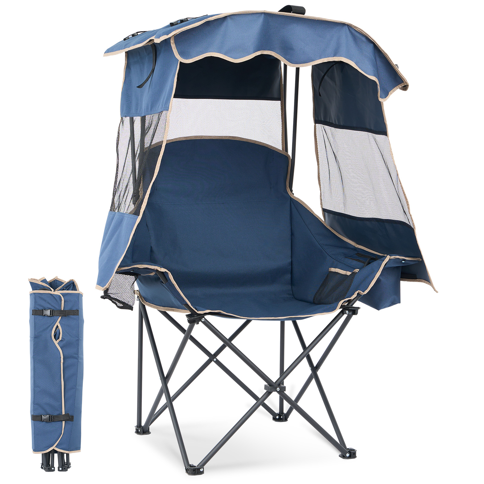 Image of Portable Folding Camping Chair With Cooler Bag & Cup Holder, Reclining Beach Loungers For Adults, Beach Chair With Canopy Shade For Outdoor Camp, Sports, Beach, Tailgates, Fishing