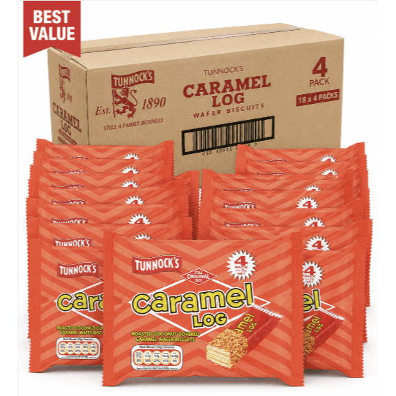 TEMU Tunnock's Caramel Log Wafer Biscuits 4 Pack X 18 Multipacks | 72 Individually Wrapped Coconut Caramel Wafers | Wholesale Case