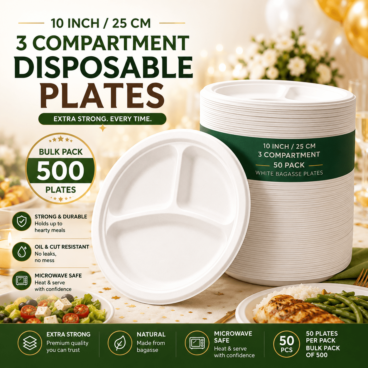 TEMU 500 Pack 10 Inch 3 Compartment Plates Heavy Duty Disposable Party Plates Divided Plates For Catering Bbq Events