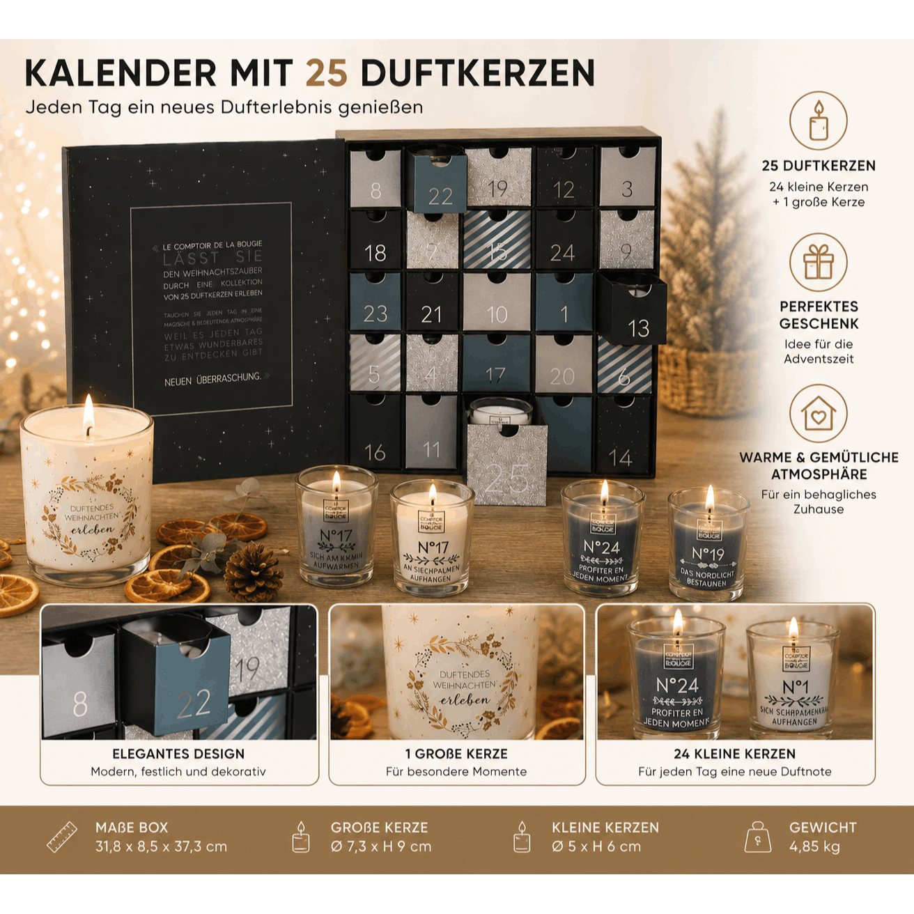 TEMU Advent Calendar 25 Scented Glass Candles - Decorative Box With 24 Small Candles And 1 Large Candle - Year-end Gift Idea