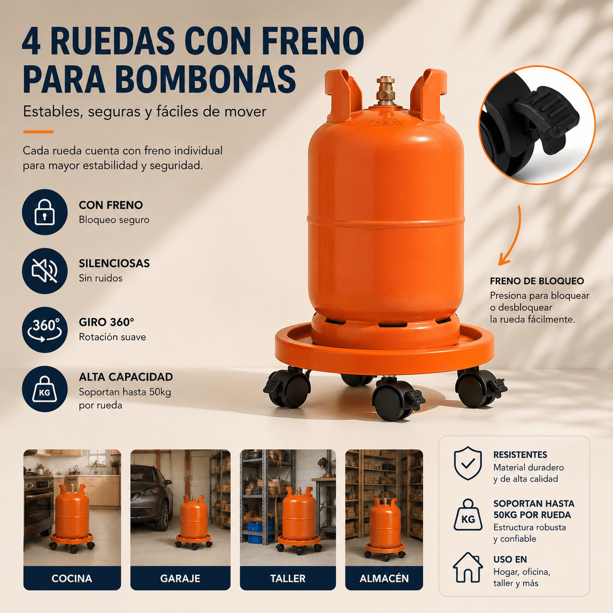 TEMU Soporte para bombona , Portabombonas, Carro Porta bombona Gas, Portamacetas, Plástico, 4 Ruedas, 33,5 cm de diámetro y 7,5 cm de , Naranja
