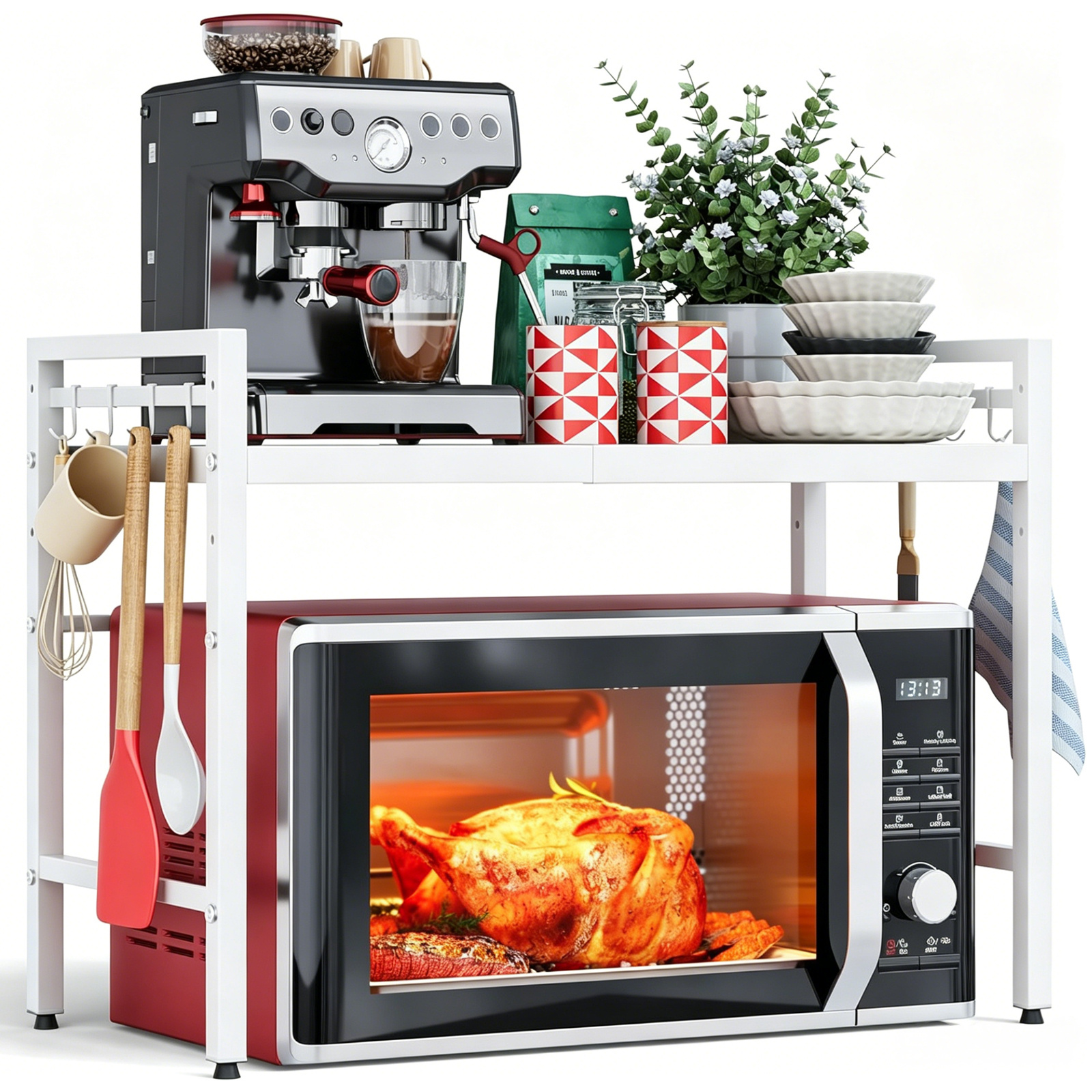 Expandable 2-tier Countertop Shelf For Kitchen Storage, Adjustable Metal Microwave Oven Rack With 6 Hooks - Heavy Duty Organizer