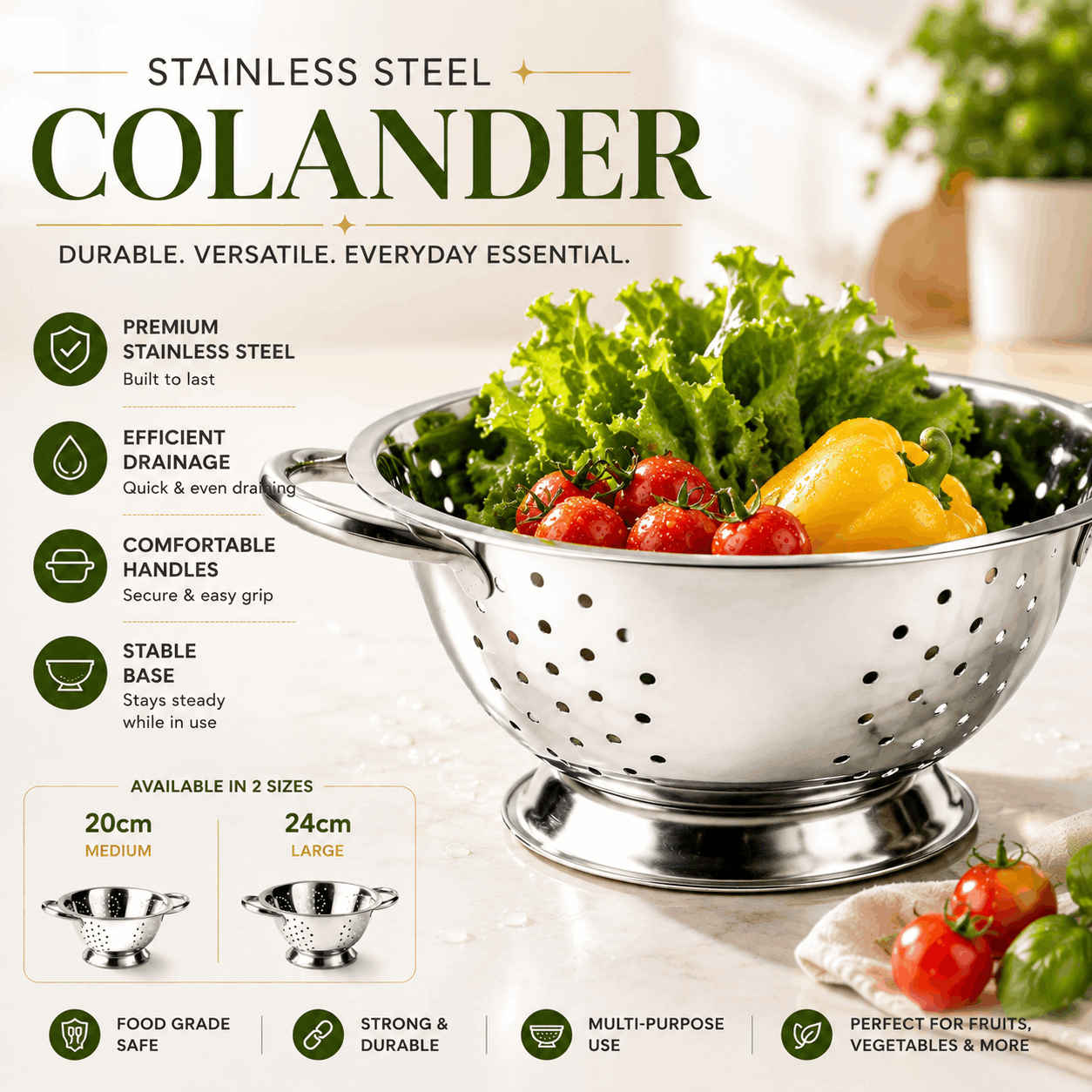 TEMU Stainless Steel Colander 24cm / 20cm Deep Stainless Steel, Large Kitchen Strainer For Pasta, Rice, Vegetables & Fruit, For Everyday Cooking