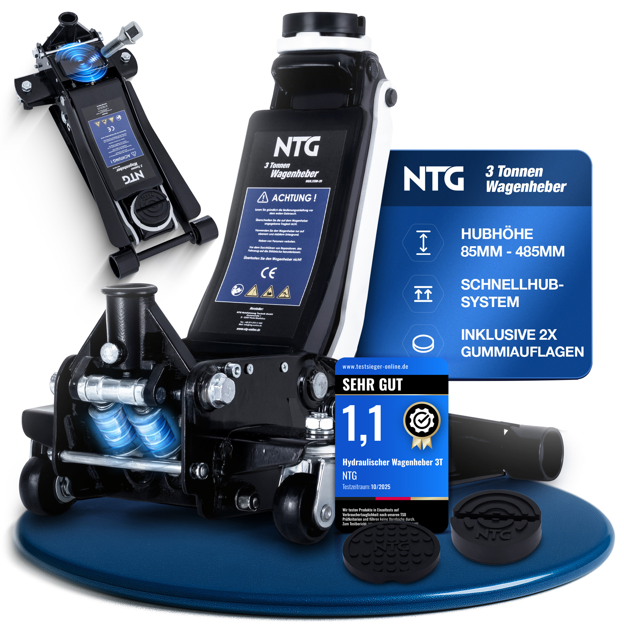 Image of Ntg Hydraulic Car Jack 3t – Double Piston Hydraulic Jack Lift, 85–485 Mm Lifting Height – Trolley Jack Including 2 Rubber Pads For Cars & Suvs