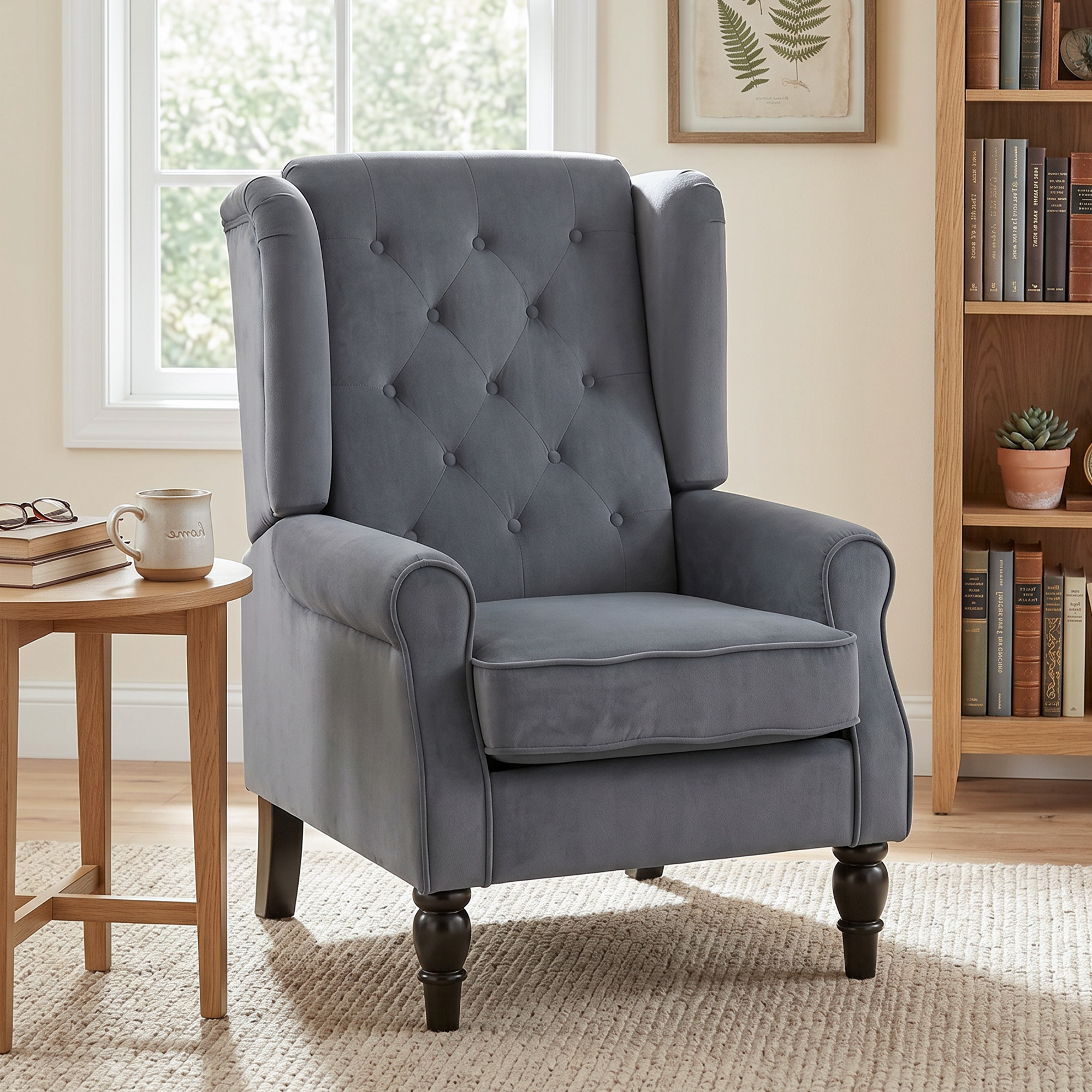 Image of Armchair With Armrests, Lounge Chair With High Backrest With Button Tufting, Velvet-optic Armchair With Wooden Legs, Relaxation Chair For Living Room, Bedroom, Grey