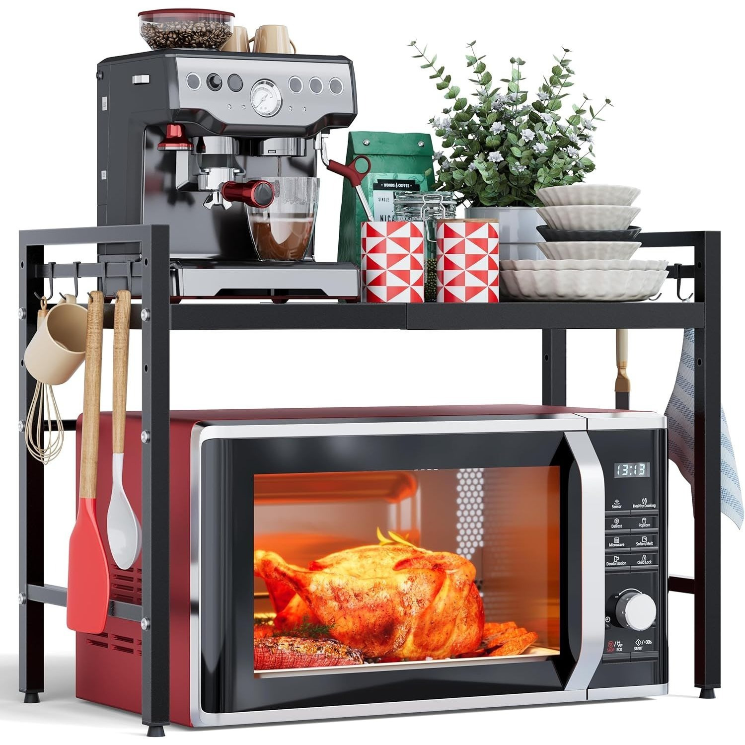 Expandable 2-tier Countertop Shelf For Kitchen Storage, Adjustable Metal Microwave Oven Rack With 6 Hooks - Heavy Duty Organizer