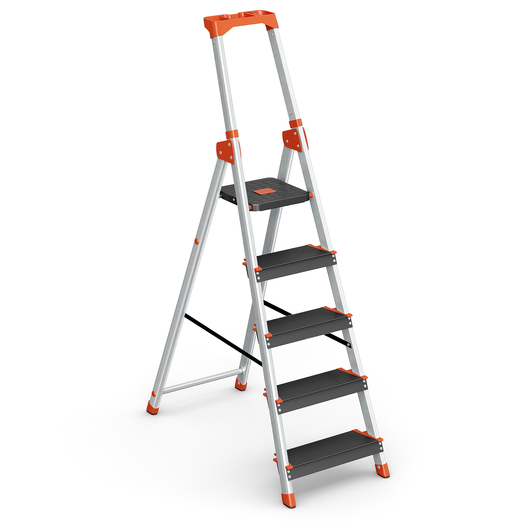 Image of Aluminum Household Ladder In Black-orange With . Cm Are Equipped With A Non-slip Texture. Features Anti-slip Feet, Handrail, And Tool Tray. Load Capacity: 150 Kg