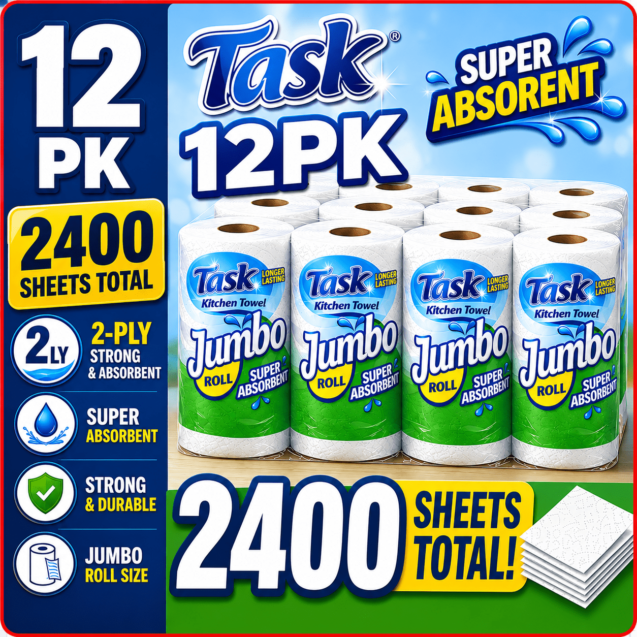 TEMU 2400 Sheets Kitchen Towel Roll | 12 Pack Jumbo Kitchen Roll 2 Ply | Absorbent Paper Towel Roll For Everyday Cleaning | Household Paper Towels