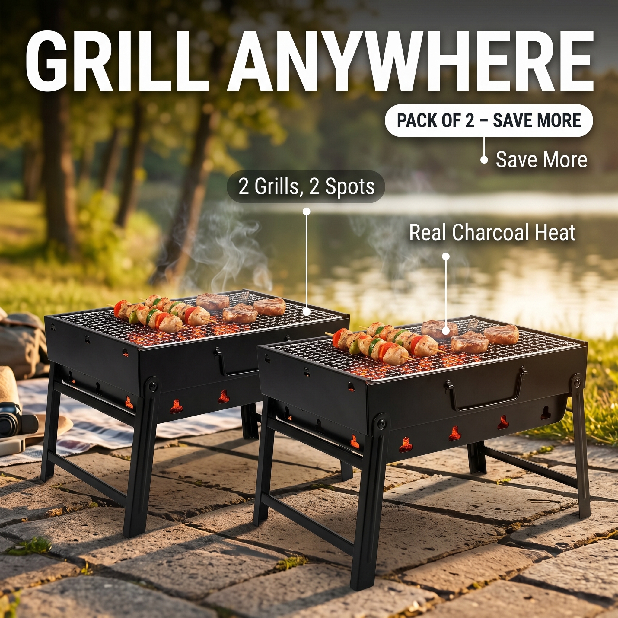 Image of Foldable Mini Charcoal Bbq Grill, Portable Travel Grill, Compact 1.1 Kg Suitcase- With Handle, Chrome-plated Steel Grate For Camping, Picnic, Beach, Garden And Balcony 40 X 20 X 35 Cm Size