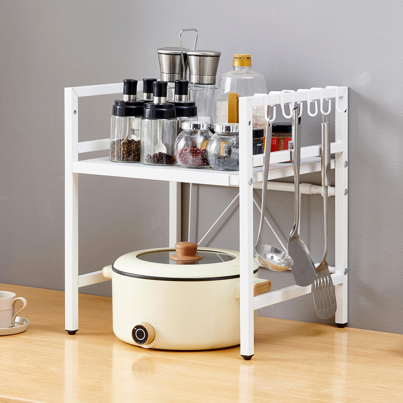2 Tier Expandable Microwave Oven Stand, Adjustable Kitchen Counter Shelf For Microwave Toaster, Space Countertop Organizer With 6 Hooks, Heavy Duty Storage Rack