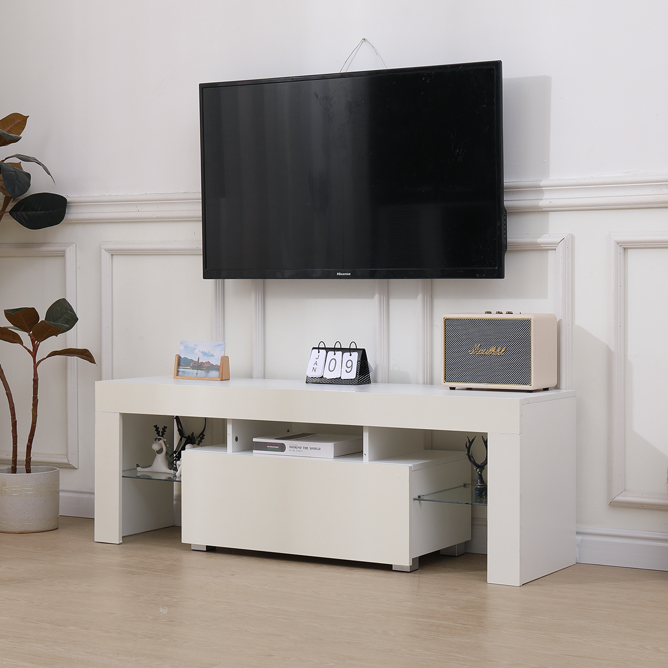 Image of Tv Stand Unit With Drawer, High Gloss Unit, Tv Cabinet With Drawers And Storage Shelf For Living Room Entertainment Room