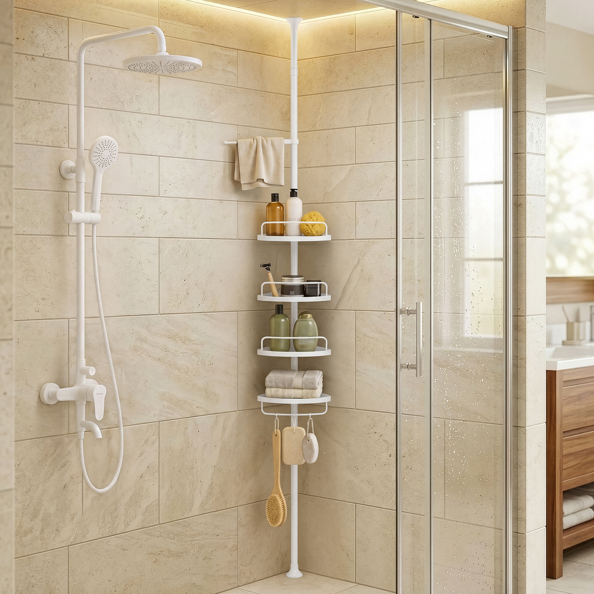 Shower Shelf, Shower Shelf With 4 Compartments, Shower Shelf With Towel Holder, Corner Shower Shelf, No Drilling Required Shower Shelf, Overall Height 85-305 Cm, Height Adjustable, White
