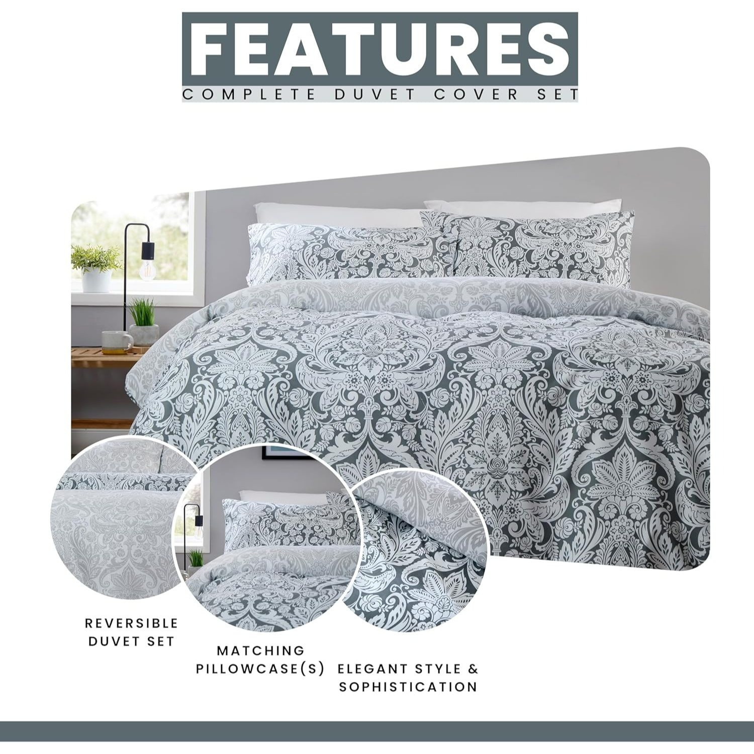 TEMU Printed Duvet Cover Reversible Bedding Set With Pillowcases, Damask Design