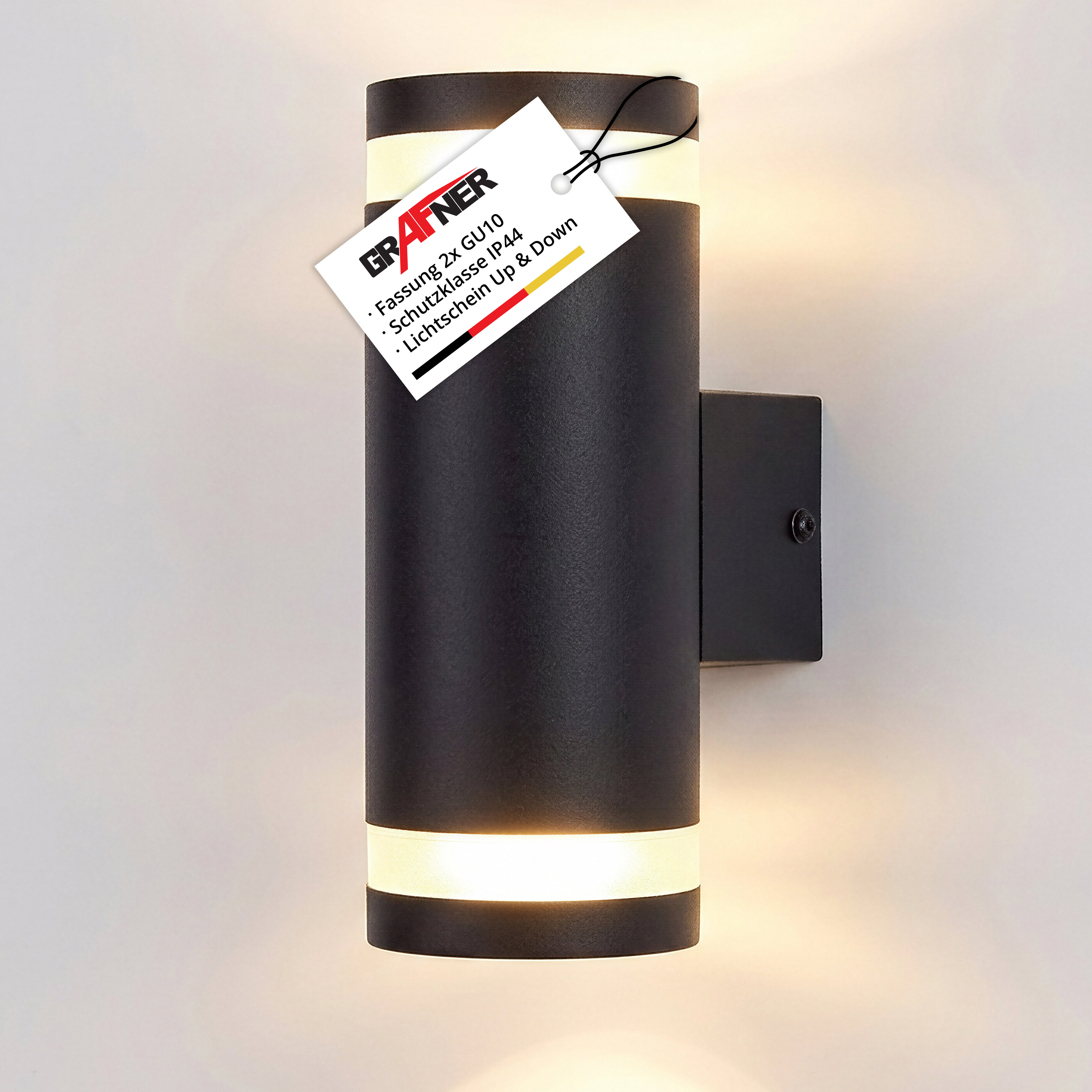 TEMU Wandlampe UP and DOWN schwarz 2x GU10 Fassung, mit nach oben und unten gerichtetem Lichtschein, Aluminium Wandleuchte rund Down Light Wand Lampe