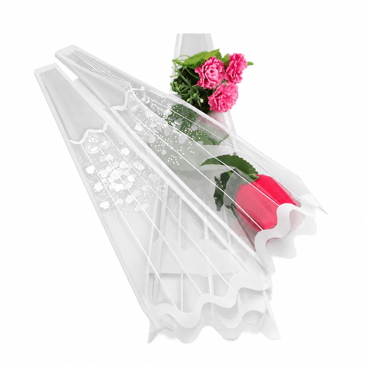 Image of 100 Transparent Sleeve Pieces For Flowers With Red Border, Bouquet Packaging Bags, 37 X 11 X 2 Cm, Decorative Envelopes For Roses And Floral Arrangements