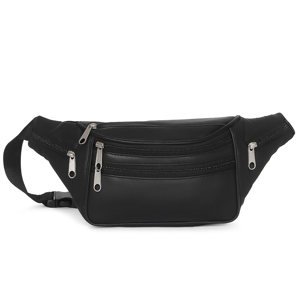 Image of Black Genuine Cowhide Leather Belt Bag Fanny Pack Hip Bag, Crossbody Bag With Multiple Zippered Compartments, Adjustable Strap, Wallet For Travel, Leisure, Vacation