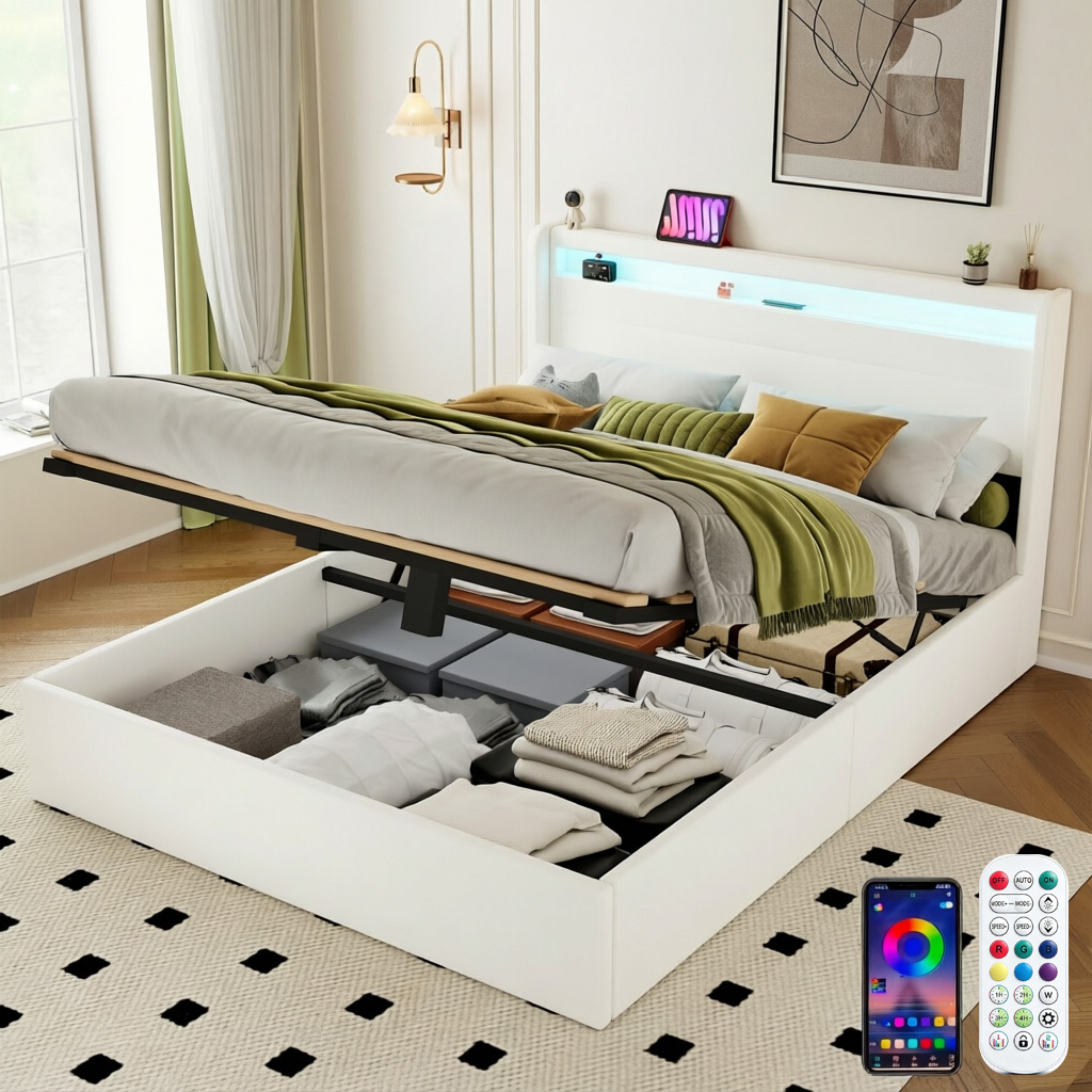 TEMU Cama tapizada de 160x200 cm, cama con iluminación LED y función de carga USB, somier con cabecero de cuero y listones de madera, estructura de
