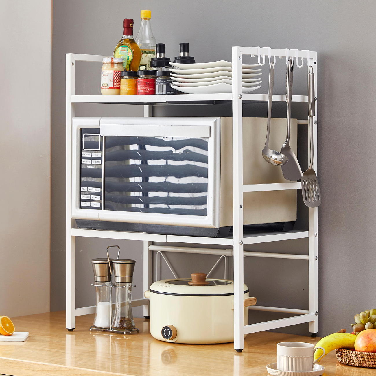 3 Tier Extendable Microwave Oven Rack, Adjustable Kitchen Storage Shelf With Hooks, Heavy Duty Countertop Organizer For Microwave, Coffee Station, Small Kitchen Storage Rack