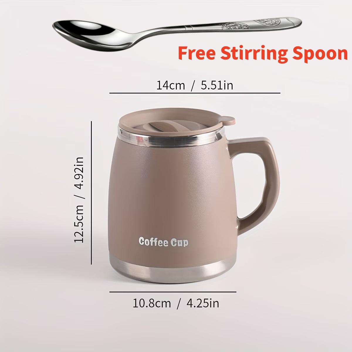 TEMU 500ml/17oz Stainless Steel Coffee Mug With Lid, Insulated Thermal Tumbler, Non-slip Reusable Cup For Drinks, Use With Free Stirring Spoon