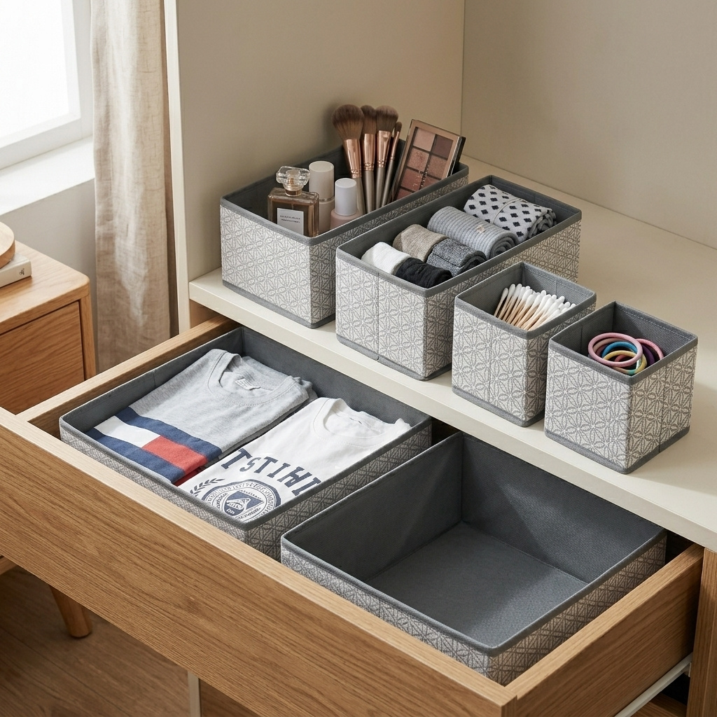 TEMU Set de 6 Cajas de Almacenaje de Tela para Armarios y Cajones, Organizadores Plegables con Diseño de 6 , Cestos Estilo Nórdico para Ropa, Ropa