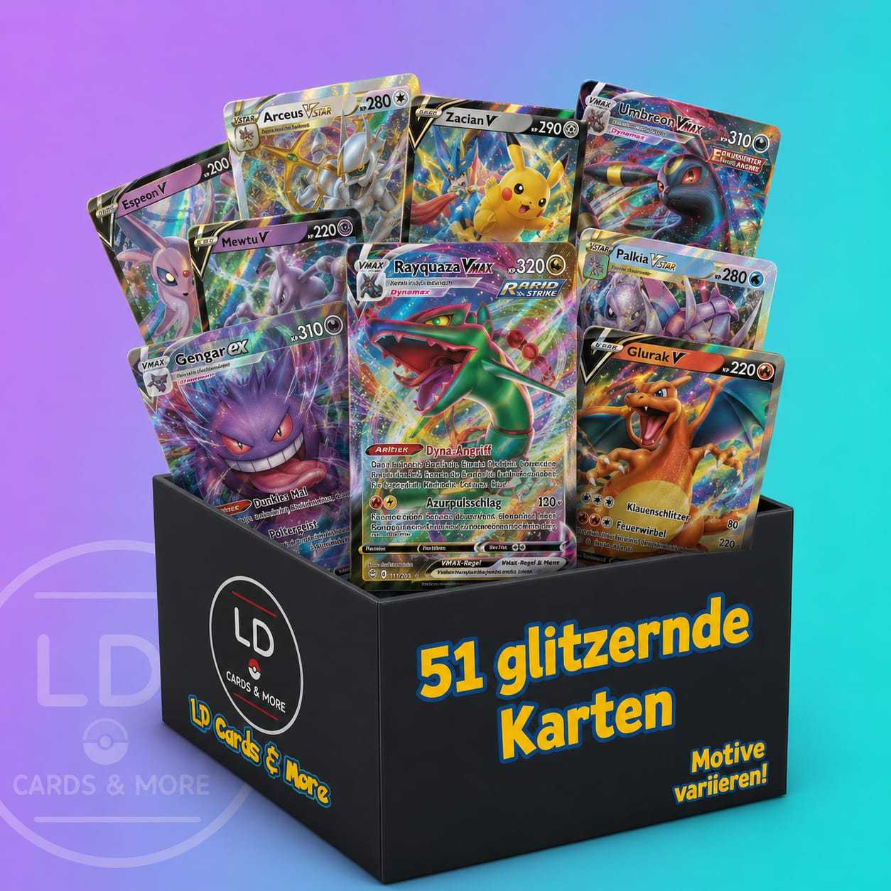 51x Pokémon Glitter Card Bundle - 1x Ultra Rare Card (v//gx/ex), 10x & 40x Reverse - German Cards