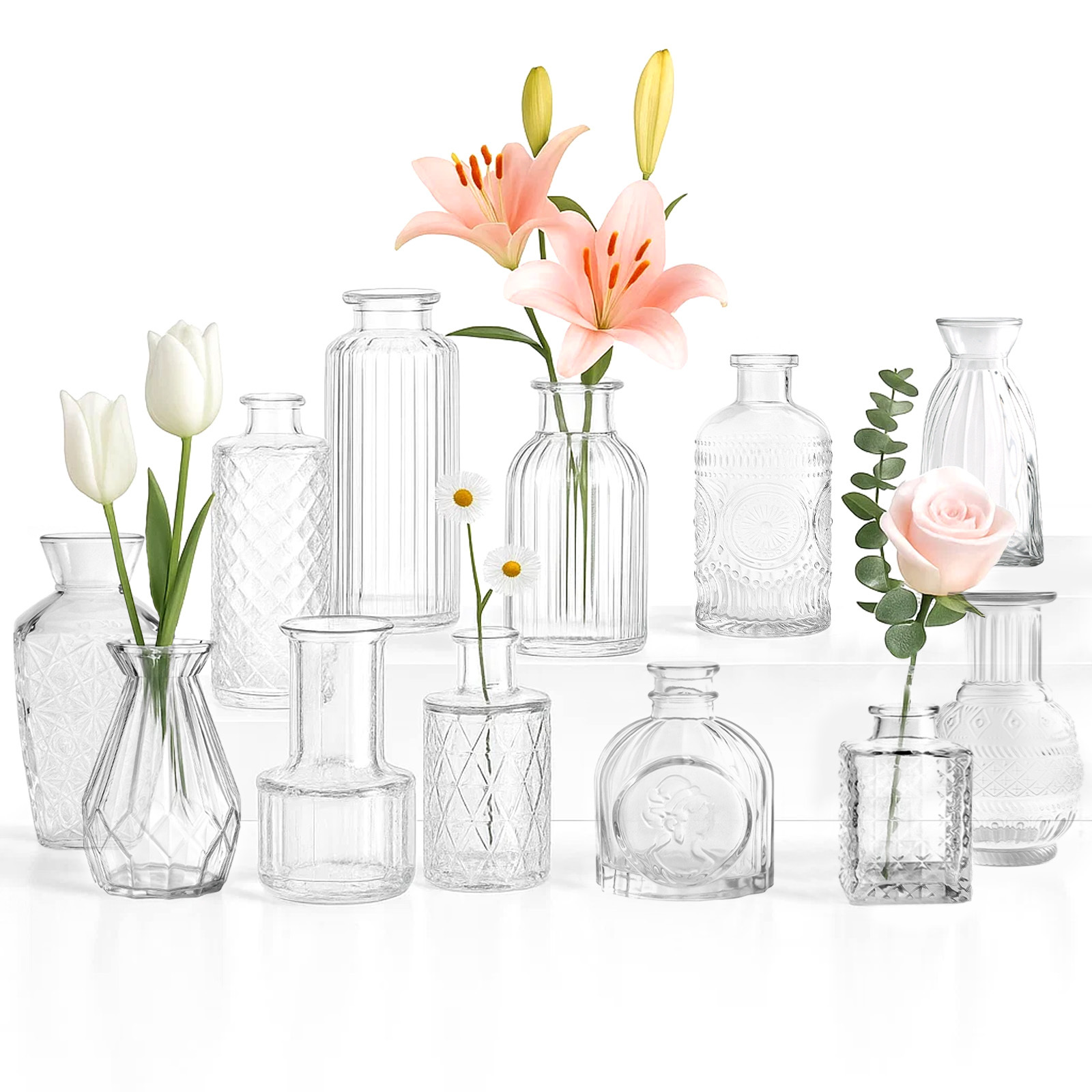 TEMU Glass Bud Vase Set Of 12 Small Clear Round Vases For Flowers Mini Flowers Vases, Vintage Bottle For Tabledecorations
