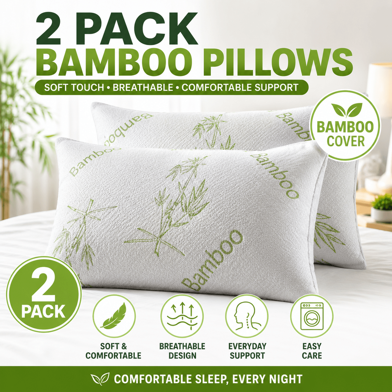TEMU 2 Pack Bamboo Pillows Soft Breathable Bed Pillows Comfortable Support For Side & Back Sleepers