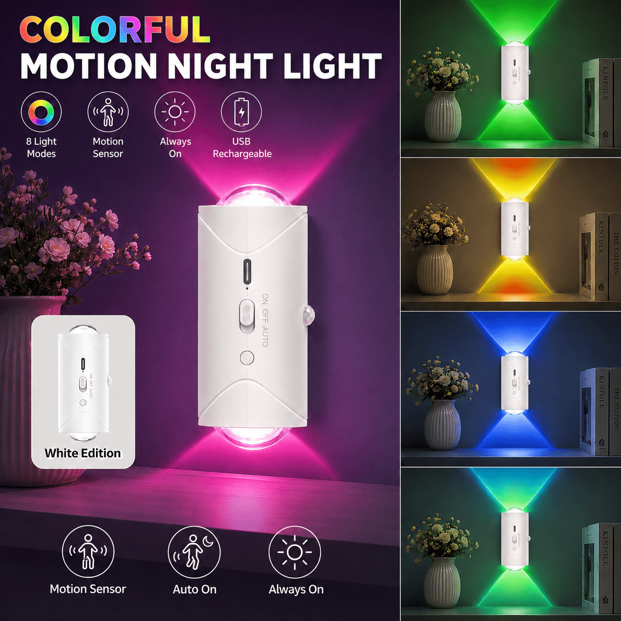 Image of 4pcs/2pcs Colorful Rgb Colour Gradient Led Night Light With Motion Sensor, 1500mah Rechargeable Magnetic Wall Lamp For Bedroom, Hallway, Indoor Use