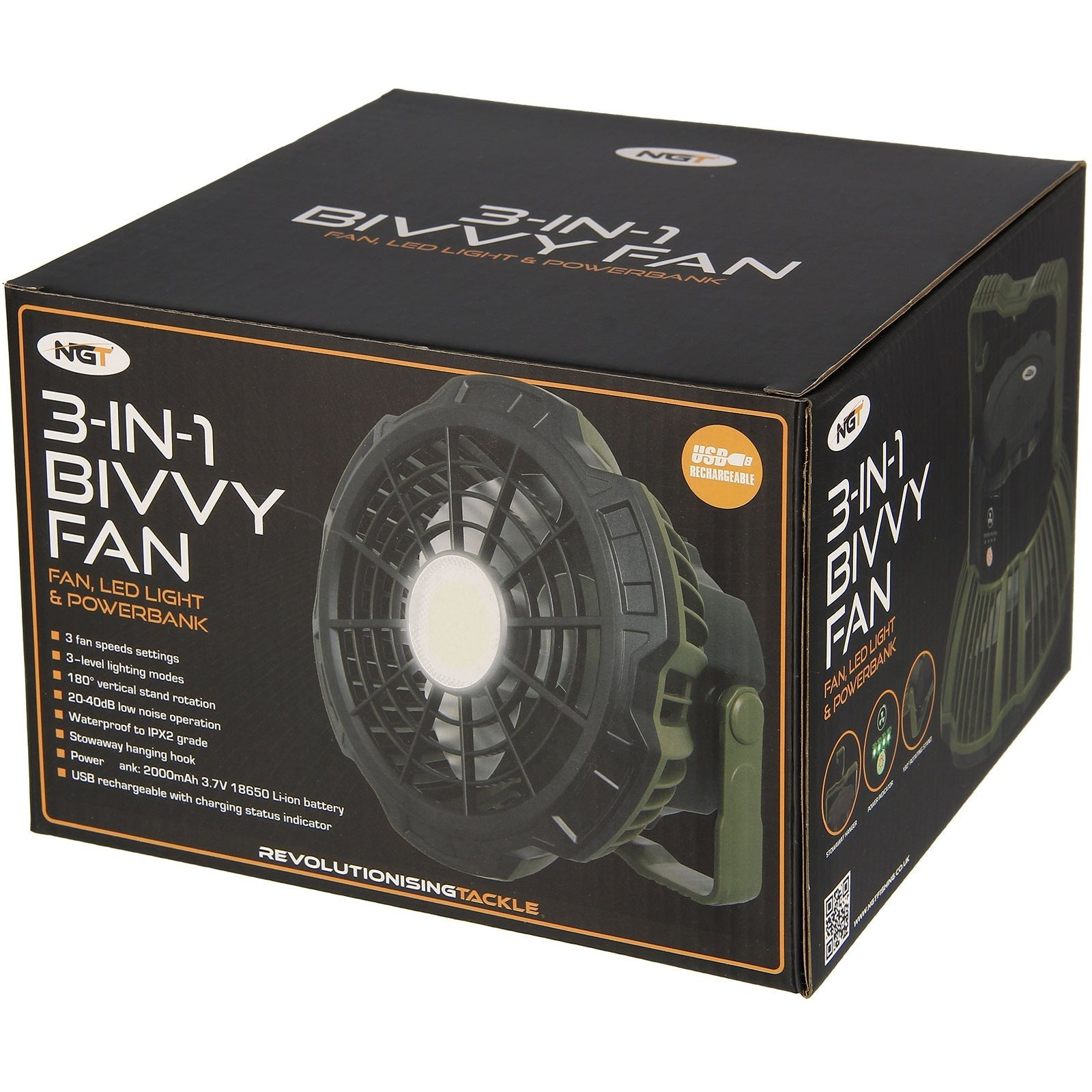 TEMU Ngt Xl Usb Rechargeable Fan With Light & Powerbank | 3-in-1 Fan, Lantern & Portable Charger | Carp Fishing & Camping Essential