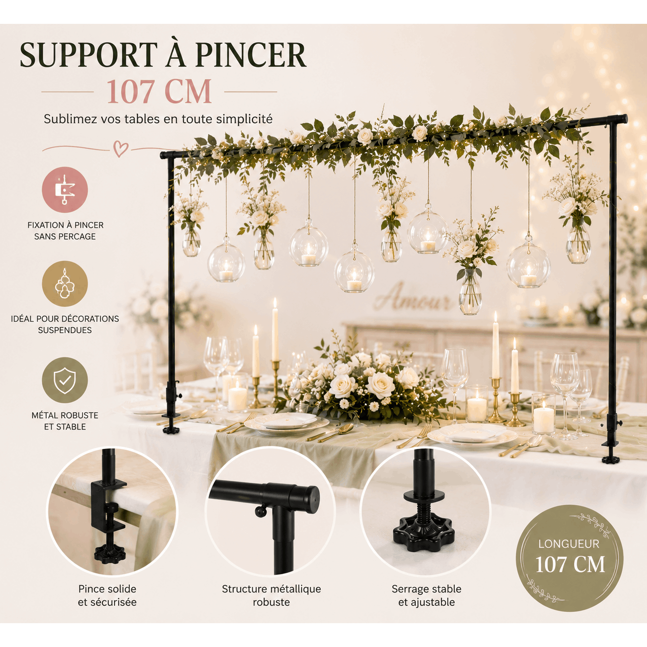 TEMU Support de Décoration de Table à Pincer 107 cm, Métal Noire pour Guirlandes, Fleurs et Suspensions Fête Mariage Anniversaire