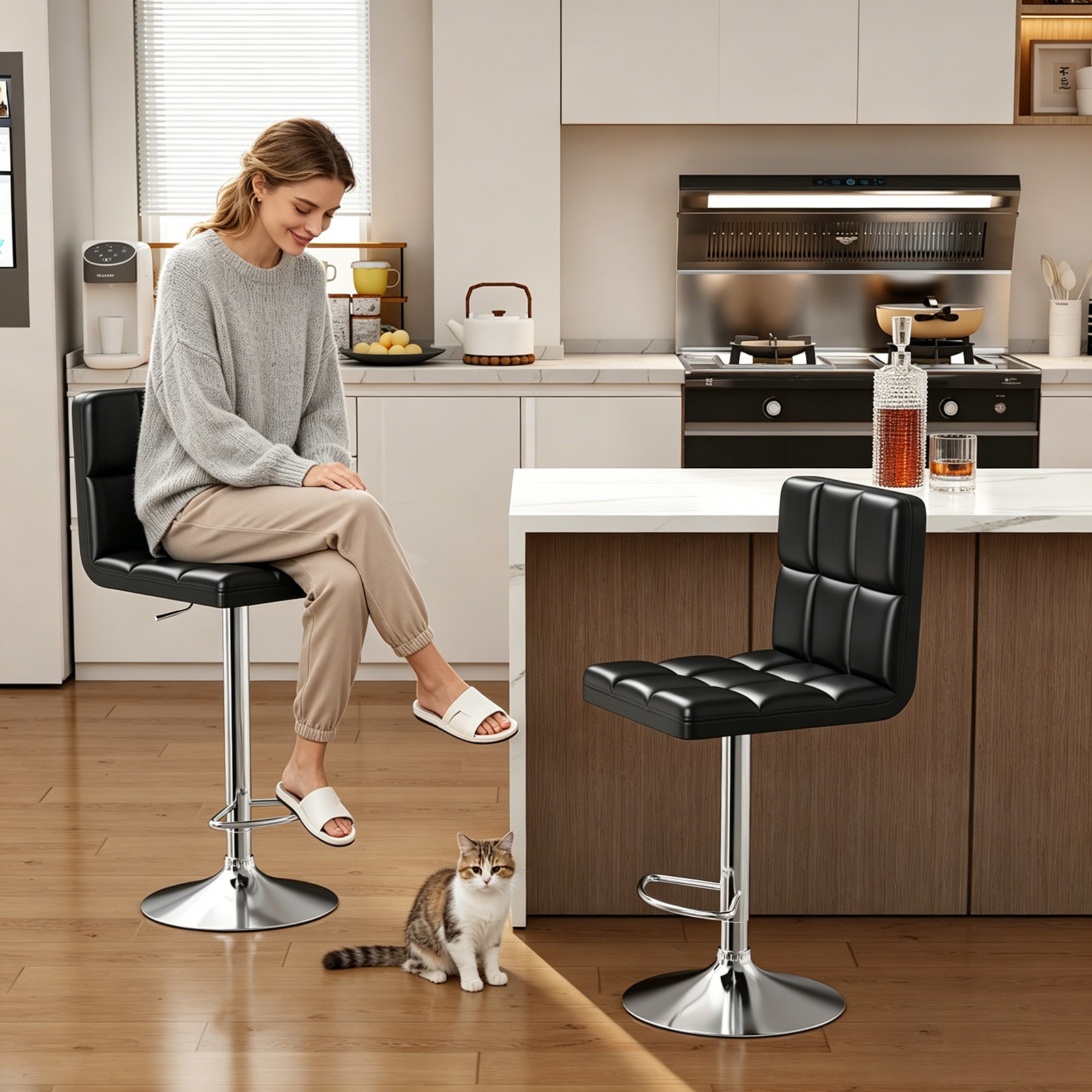 Bar Stool Set Of 2 —, Upholstered, Height Adjustable Bar Stool