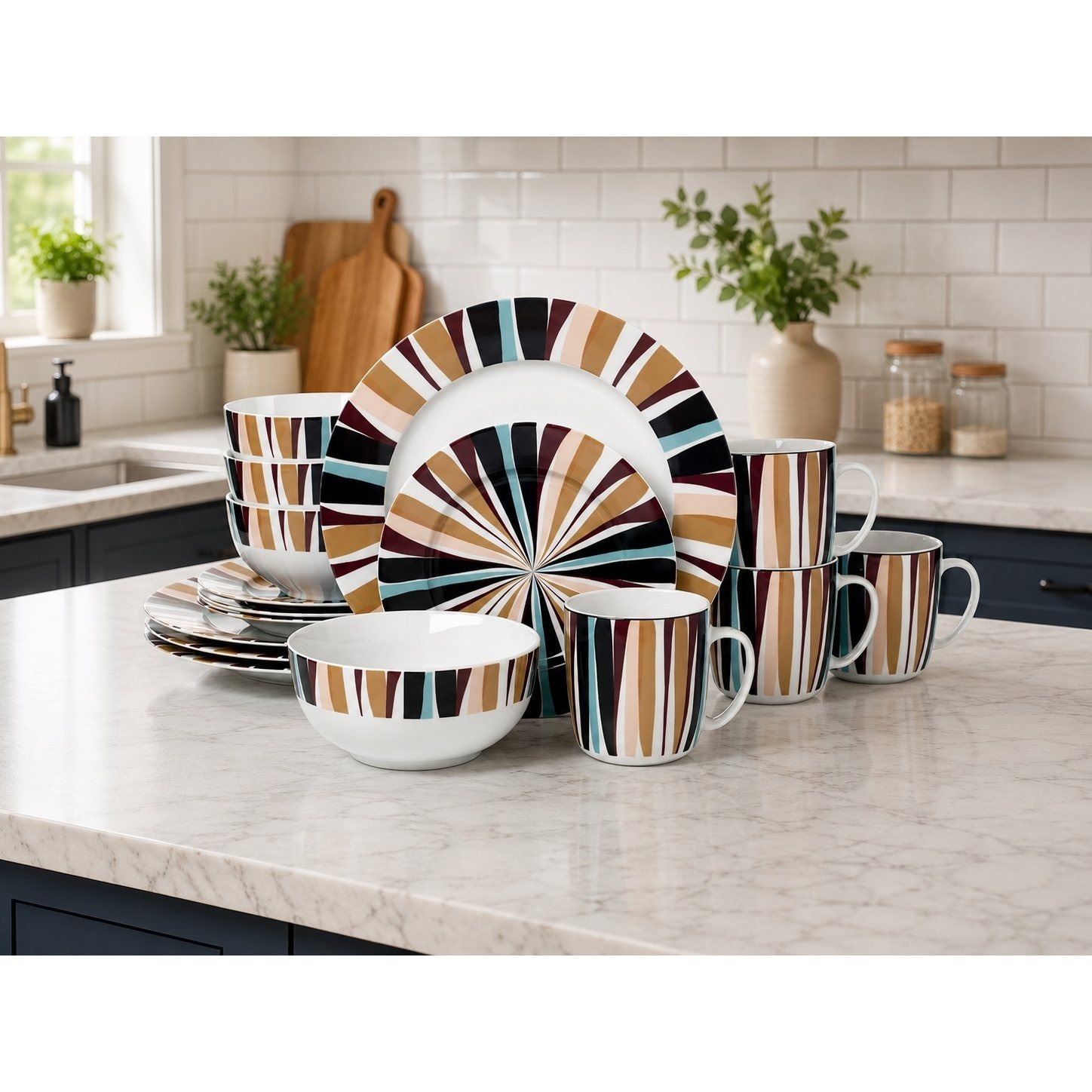 TEMU 16pcs Noir Waterside Dinner Set; 4 Dinner Plates, , Deep Bowls And Mugs - Dishwasher & Microwave Safe **** ****